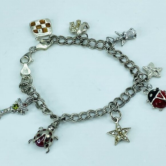 Italian 925 Sterling Silver Charm Bracelet with Rhinestone Enamel Charms JR993 - Picture 2 of 7